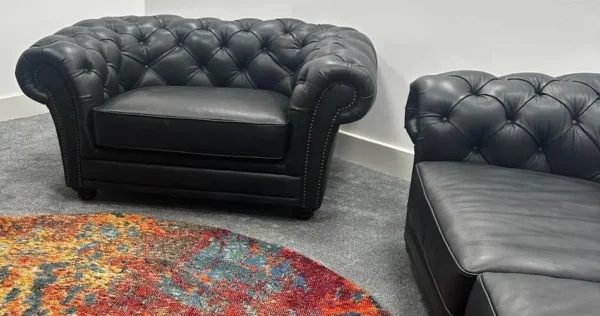 Fabb Savannah Navy Blue Leather Chesterfield 3 Seater Sofa & Armchair - Image 5