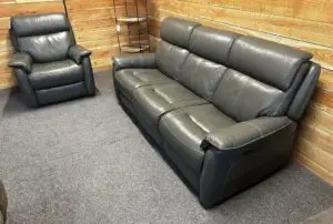 Furniture Village 3 Seater Sofa & Matching Armchair In Grey Leather With Power Recliners