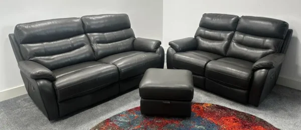 Fabb James Charcoal Grey Leather 3 & 2 Seater Sofa’s With Footstool Recliners