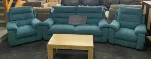 Furniture Village Teal Fabric 3 Seater Sofa & 2 Power Recliner Armchairs