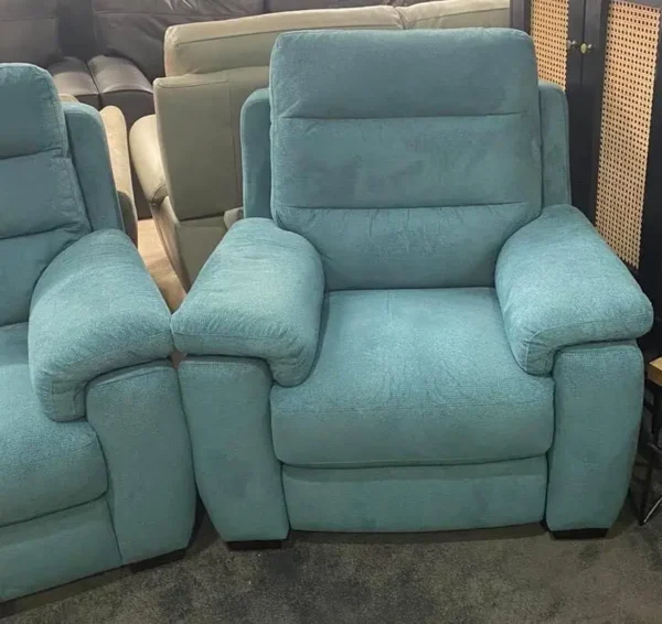 Furniture Village Teal Fabric 3 Seater Sofa & 2 Power Recliner Armchairs - Image 4