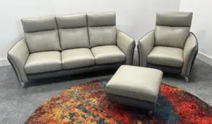Fabb Ego 3 Seater Sofa & Armchair With Footstool - 1/2 Grey Leather & 1/2 Denim Fabric