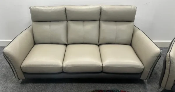 Fabb Ego 3 Seater Sofa & Armchair With Footstool - 1/2 Grey Leather & 1/2 Denim Fabric - Image 2