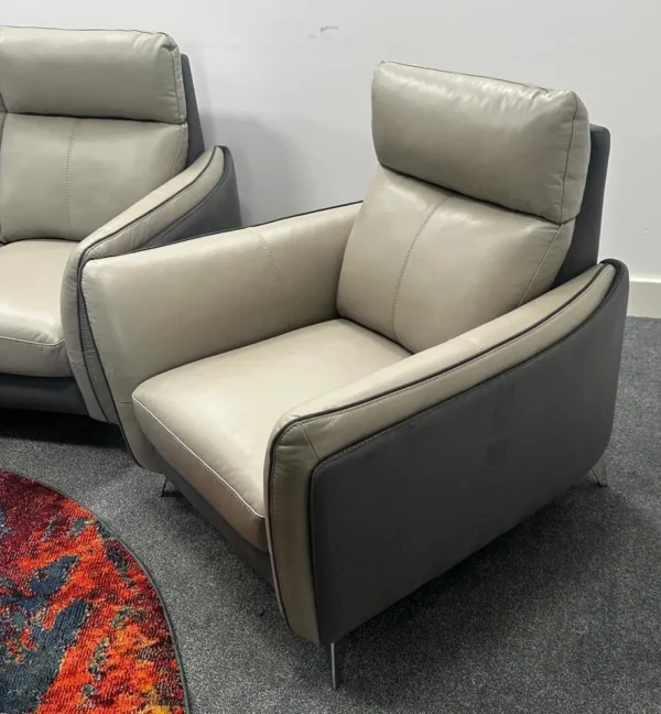 Fabb Ego 3 Seater Sofa & Armchair With Footstool - 1/2 Grey Leather & 1/2 Denim Fabric - Image 3