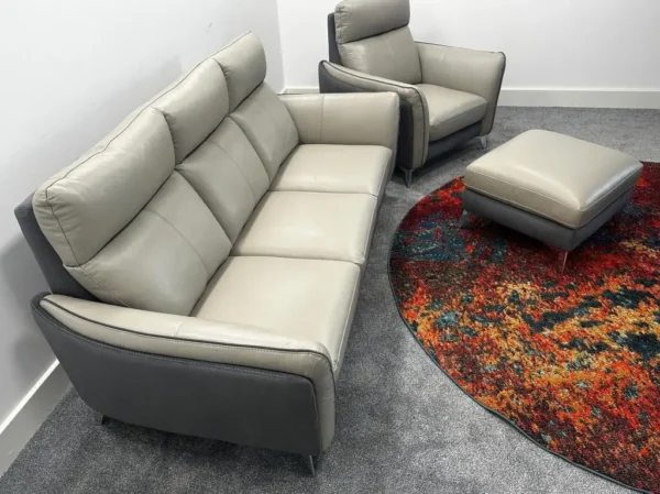 Fabb Ego 3 Seater Sofa & Armchair With Footstool - 1/2 Grey Leather & 1/2 Denim Fabric - Image 4
