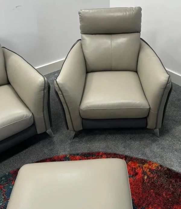 Fabb Ego 3 Seater Sofa & Armchair With Footstool - 1/2 Grey Leather & 1/2 Denim Fabric - Image 5