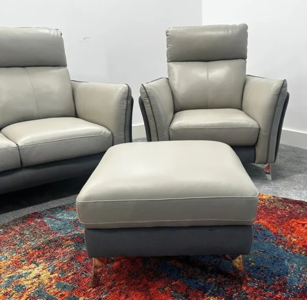 Fabb Ego 3 Seater Sofa & Armchair With Footstool - 1/2 Grey Leather & 1/2 Denim Fabric - Image 6