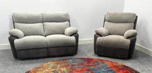Fabb Freya 2 Tone Grey Fabric 2 Seater Sofa & Armchair W/ Power Recliners