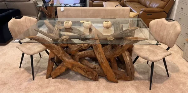 Root Wood / Drift Wood With Glass Dining Table Complete With Bench & 2 Chairs Oyster Moleskin