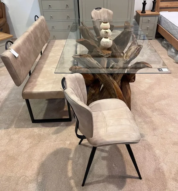 Root Wood / Drift Wood With Glass Dining Table Complete With Bench & 2 Chairs Oyster Moleskin - Image 3
