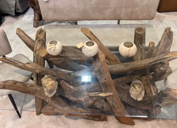 Root Wood / Drift Wood With Glass Dining Table Complete With Bench & 2 Chairs Oyster Moleskin - Image 5