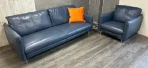 Sofology Blue Genuine Leather 3 Seater & Armchair On Chrome Legs