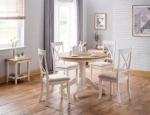 Davenport Ivory and Oak Round Table and 4 Ivory Davenport Chairs