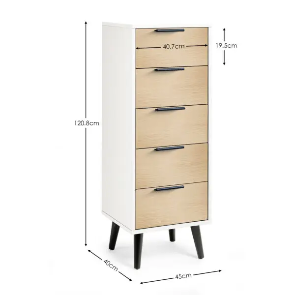 Alba 5 Drawer Narrow Chest - White/Oak - Image 6