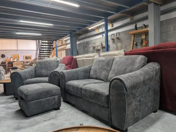 Fabb Butler / Sofology Galleria Utah Grey Leather 2 Seater Sofa With Armchair & Footstool