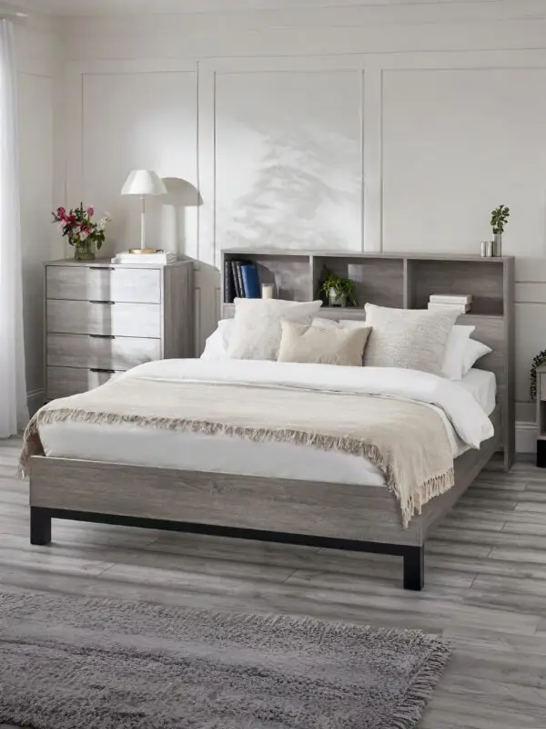 Bali Bookcase Headboard Bed 150cm - Grey Oak