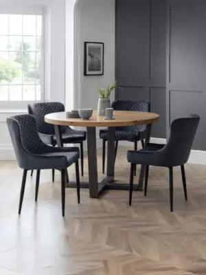 Brooklyn Oak Round Table and 4 Grey Luxe Chairs