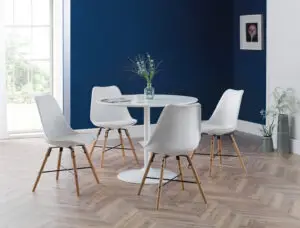 Blanco White Round Table and 4 Kari White Chairs