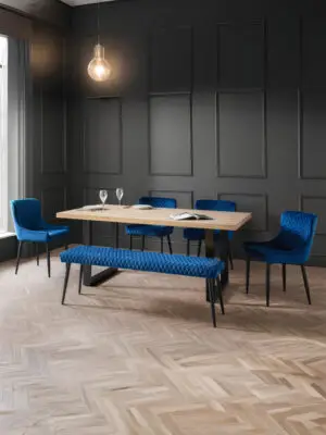 Berwick Rectangular Table, 1 Blue Luxe Low Bench and 4 Blue Luxe Chairs