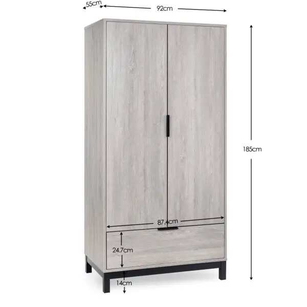 Bali 2 Door 1 Drawer Wardrobe - Grey Oak - Image 12