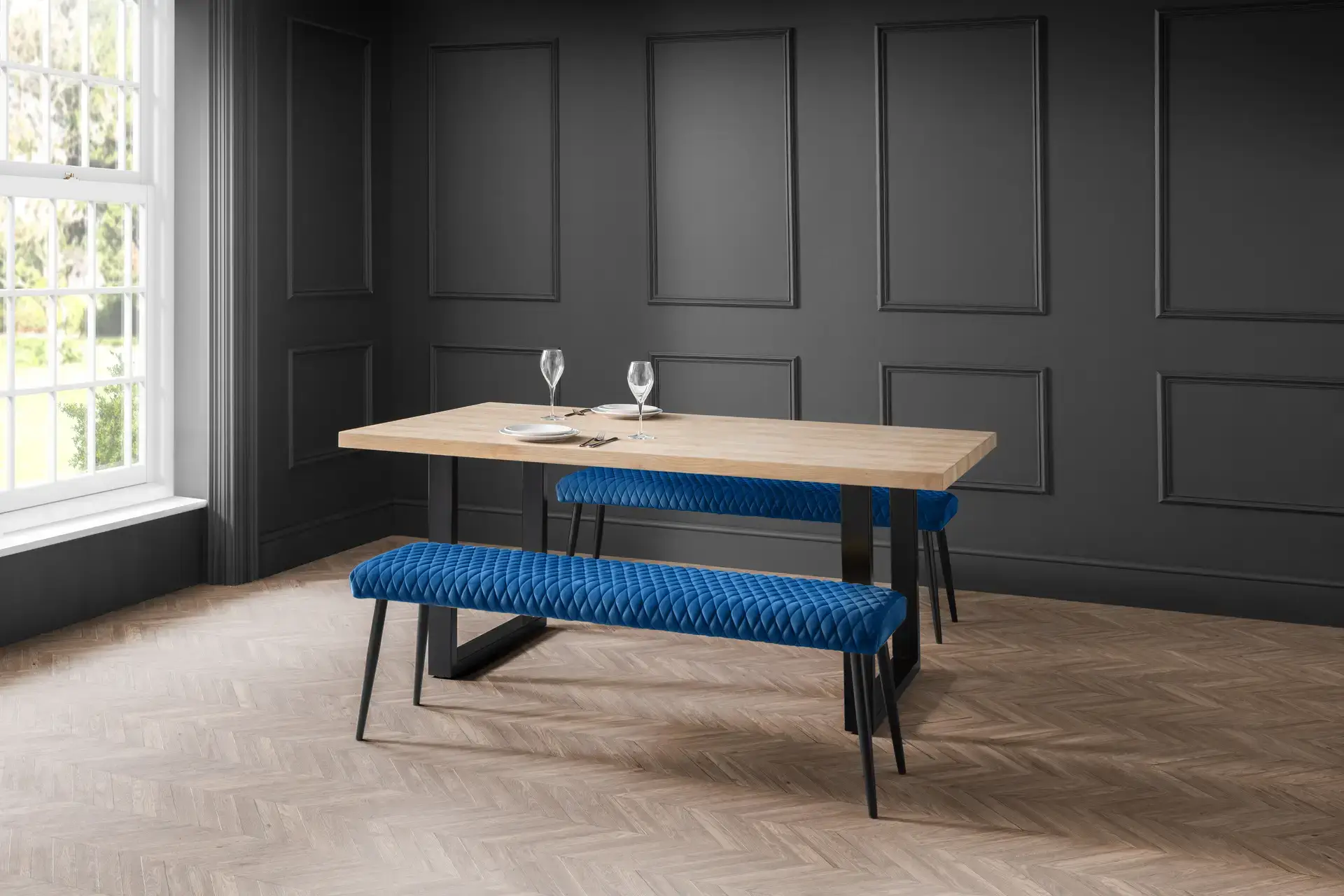 Berwick Rectangular Table and 2 Blue Luxe Low Benches - Image 2