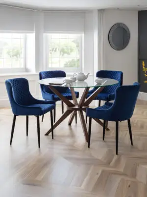 Chelsea 120cm Round Table and 4 Blue Luxe Chairs