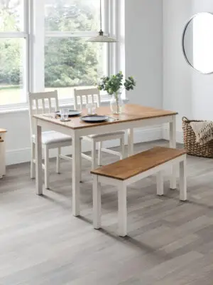 Coxmoor Ivory and Oak Rectangular Table, 1 Ivory and Oak Coxmoor Bench and 2 Ivory Coxmoor Chairs