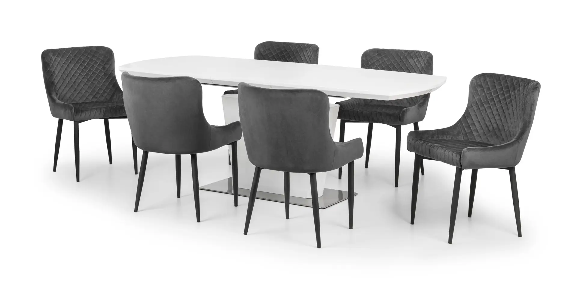 Como White High Gloss Table and 6 Grey Luxe Chairs