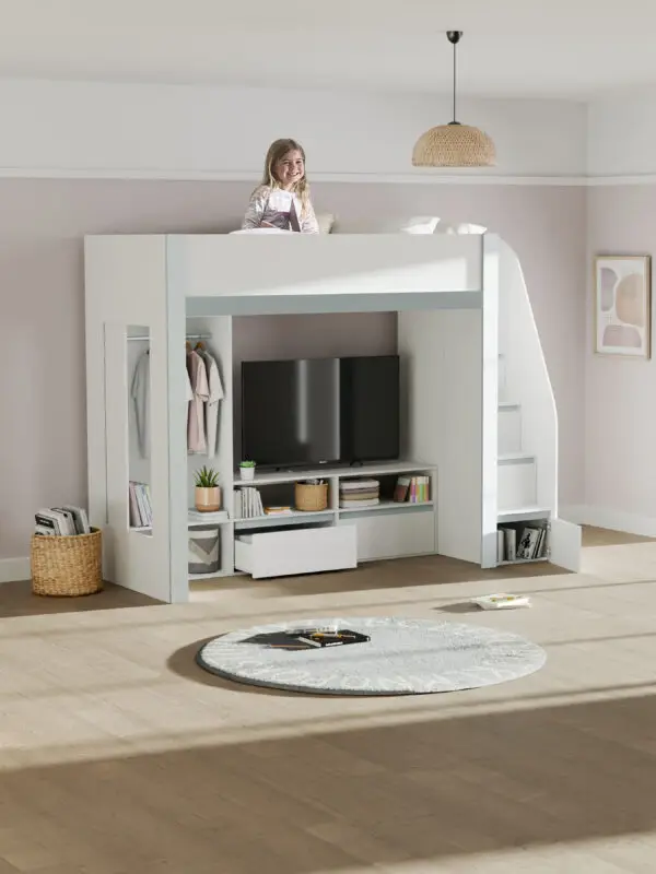 Gaia 90cm Single Highsleeper TV Bed - White and Silver - Image 2